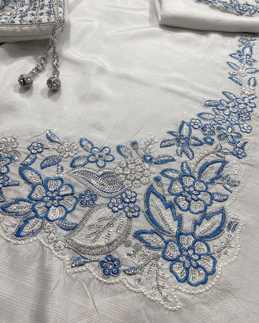 Hussain Rehar - The Scent Luxury Pret Raw Silk 3PC Suit With Organza Dupatta (Off-White & Ice Blue)
