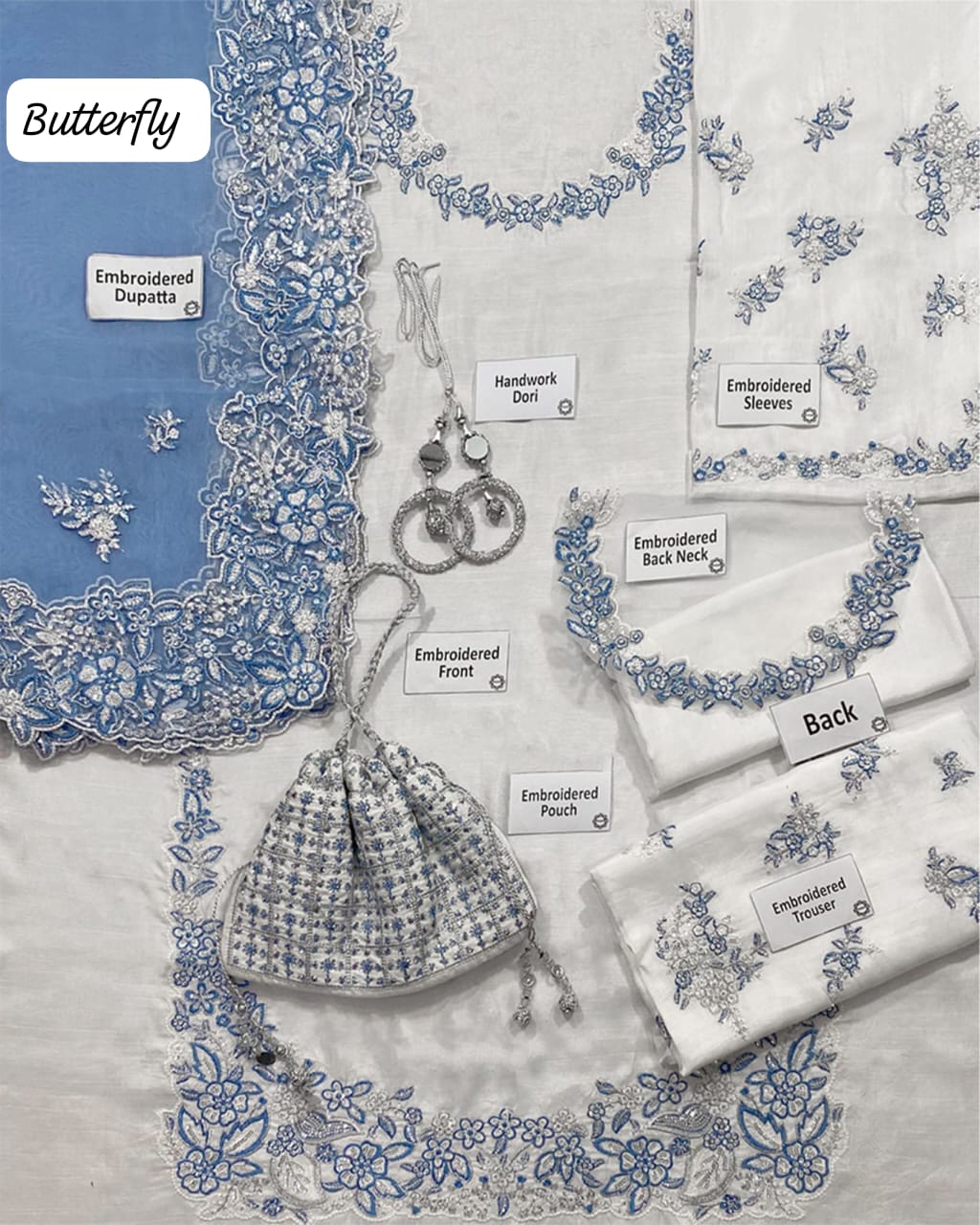 Hussain Rehar - The Scent Luxury Pret Raw Silk 3PC Suit With Organza Dupatta (Off-White & Ice Blue)