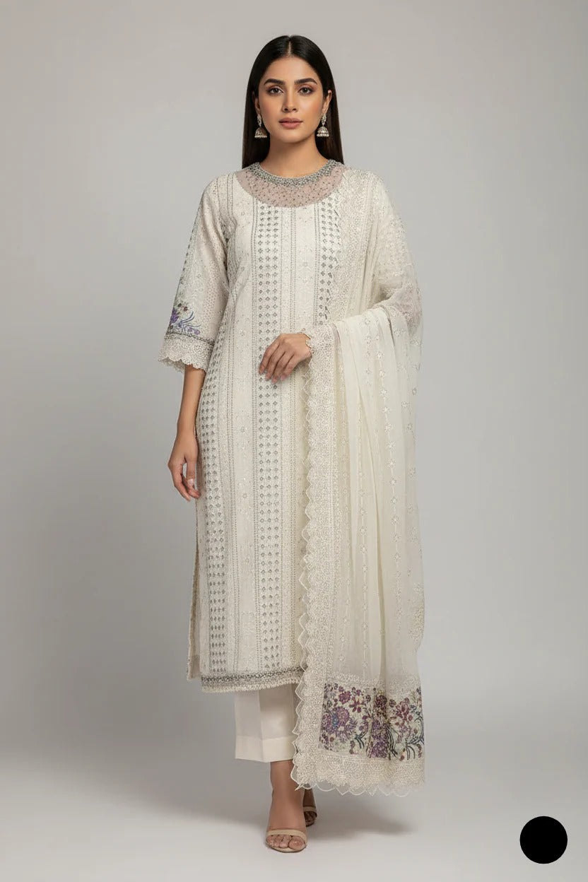 Luxury Chiffon Embroidered 3PC Ready to Wear Suit With Viscose Trouser