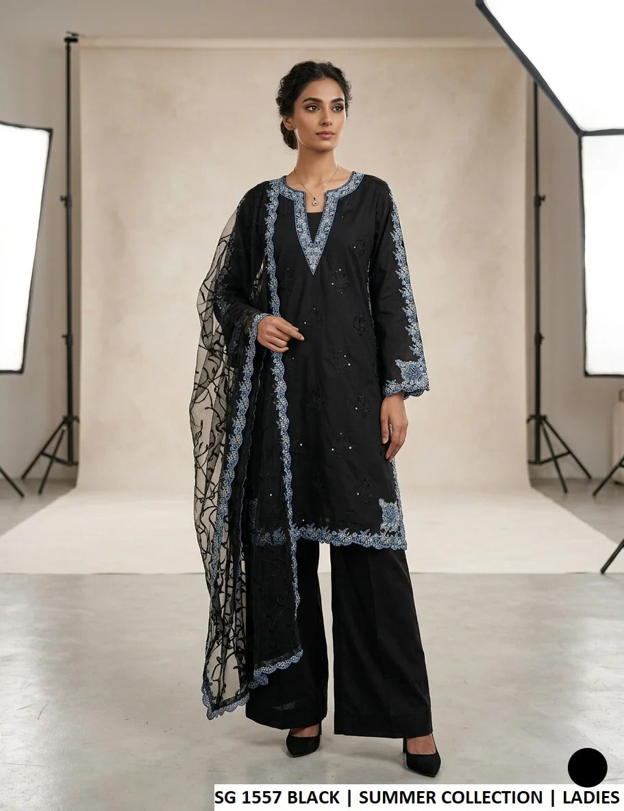 Luxury Lawn A-Line 3PC Ready to Wear Suit With Soft Net Dupatta & Cotton Trouser