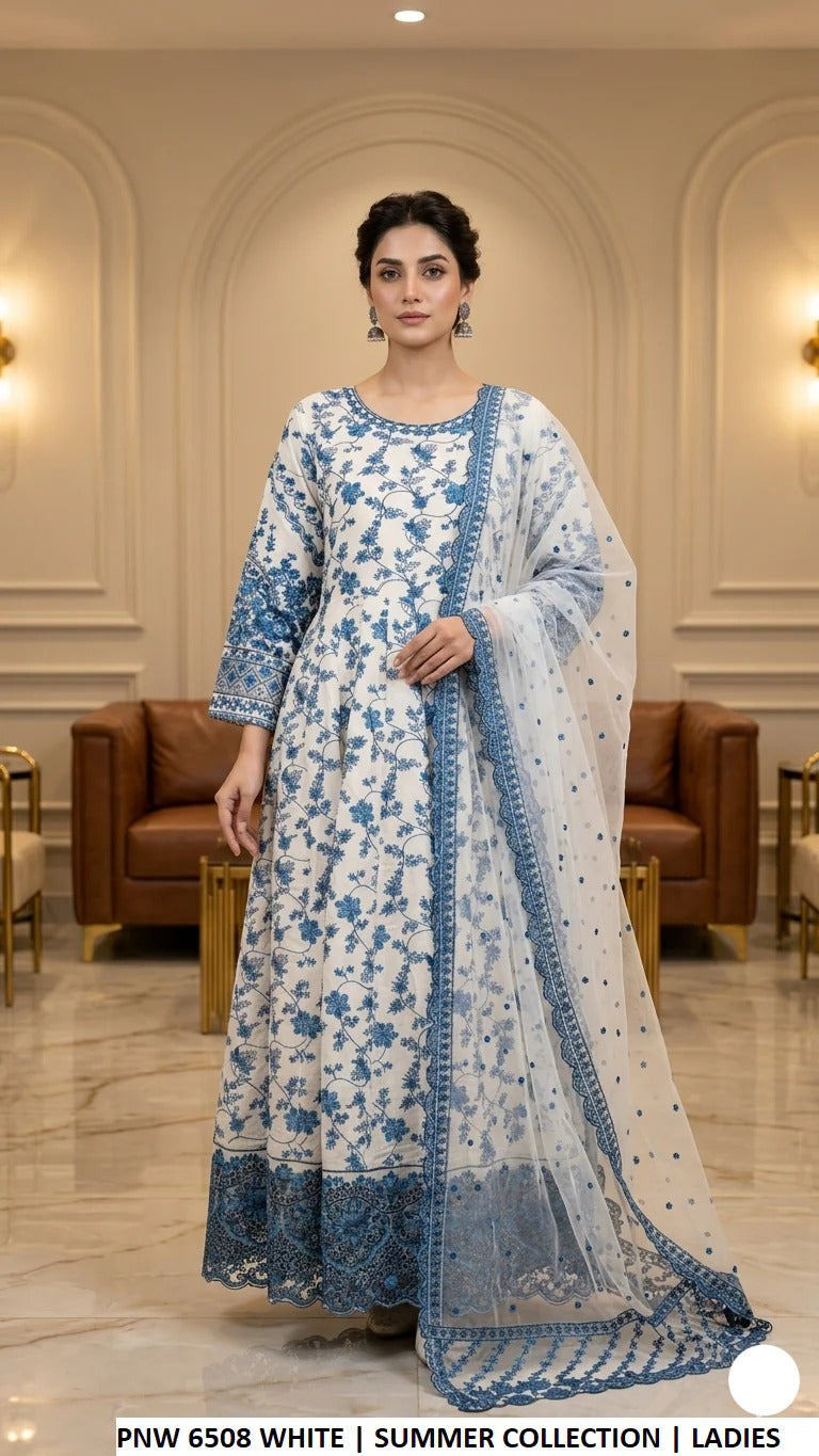 Luxury Cotton Long Frock 3PC Ready to Wear Formal Suit With Net Dupatta