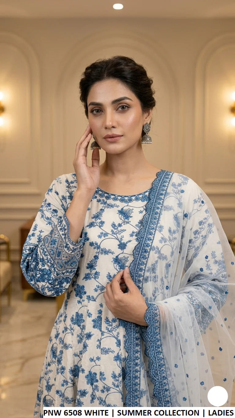 Luxury Cotton Long Frock 3PC Ready to Wear Formal Suit With Net Dupatta