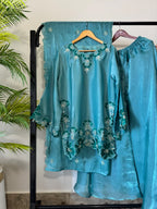 Andazbyunezafazeel - Sheesha Silk 3PC Embroidered Short Shirt Suit With Flared Sharara Pants (D-81)