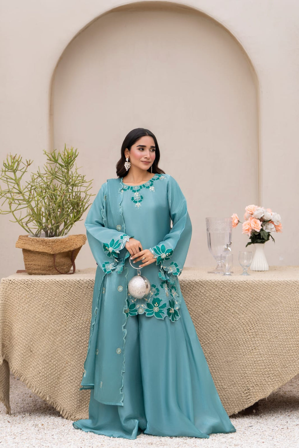 Andazbyunezafazeel - Sheesha Silk 3PC Embroidered Short Shirt Suit With Flared Sharara Pants (D-81)