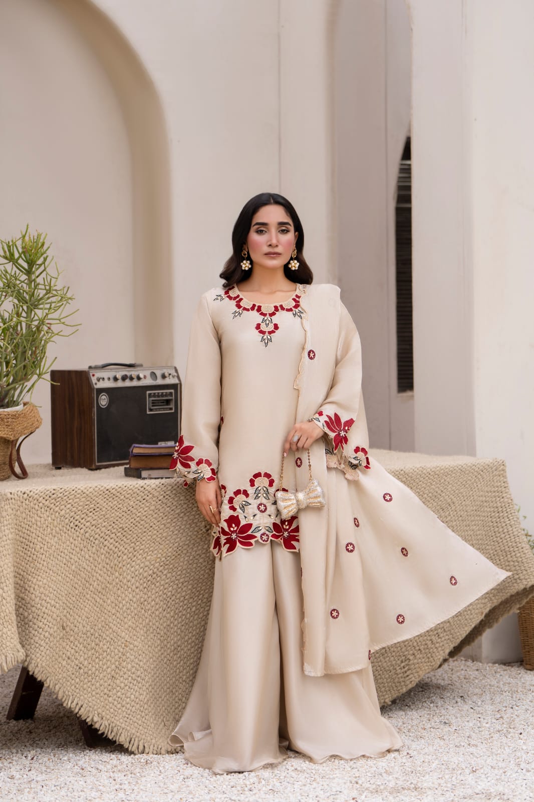 Andazbyunezafazeel - Sheesha Silk 3PC Embroidered Short Shirt Suit With Flared Sharara Pants (D-81)