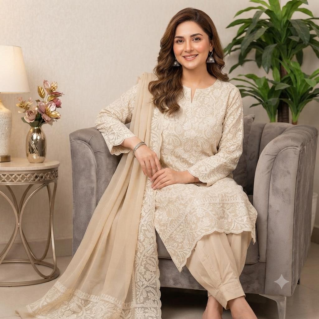Soft Crinkle Chiffon Chikankari 2PC Suit With Handmade Embroidered Dupatta
