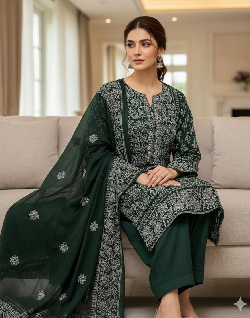 Soft Crinkle Chiffon Chikankari 2PC Suit With Handmade Embroidered Dupatta