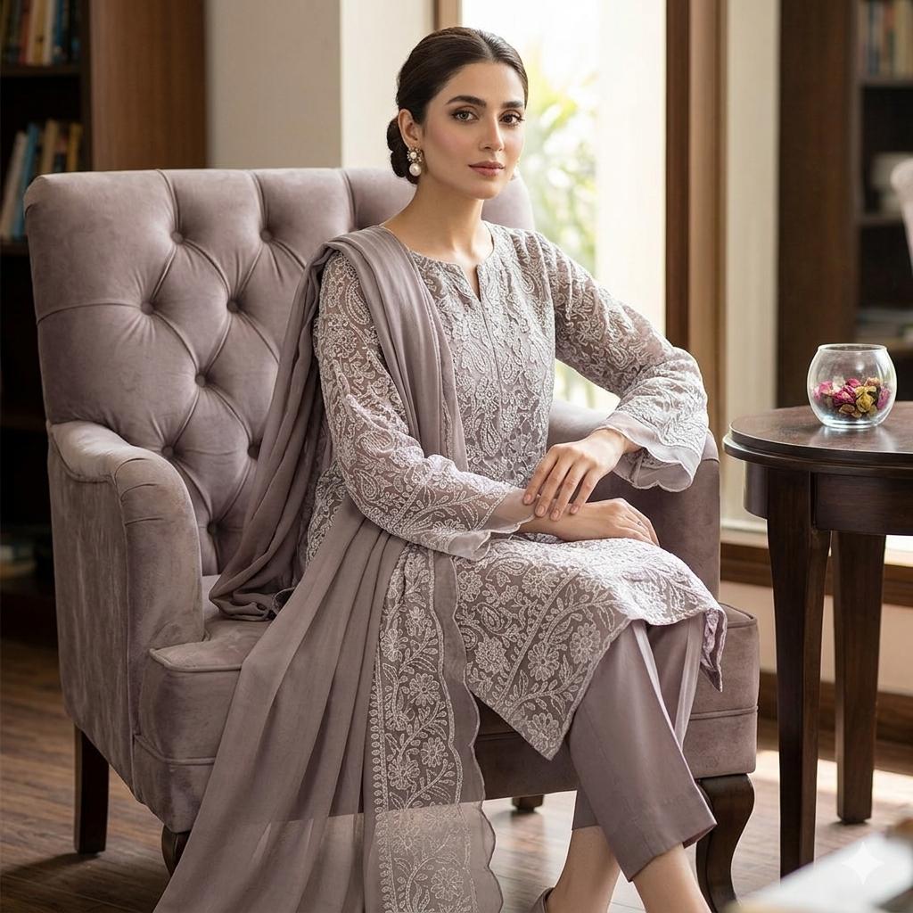 Soft Crinkle Chiffon Chikankari 2PC Suit With Handmade Embroidered Dupatta