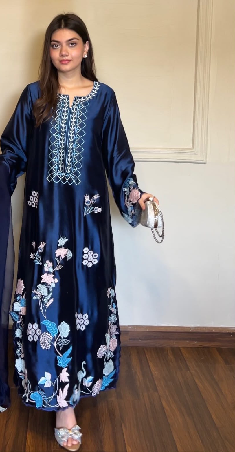 Luxury Russian Silk Embroidered 3PC Kaftan Set With Chiffon Dupatta & Silk Trouser