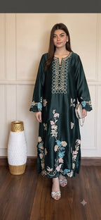 Luxury Russian Silk Embroidered 3PC Kaftan Set With Chiffon Dupatta & Silk Trouser