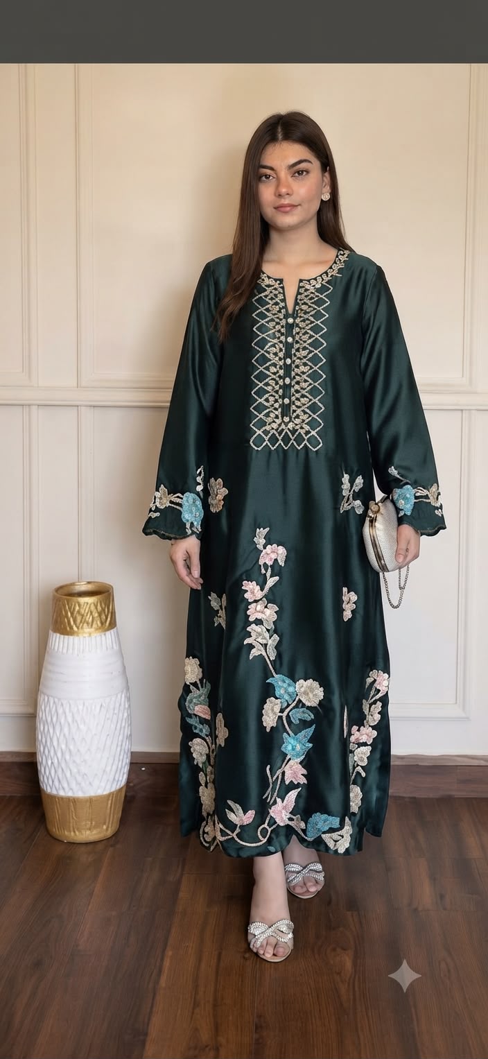Luxury Russian Silk Embroidered 3PC Kaftan Set With Chiffon Dupatta & Silk Trouser