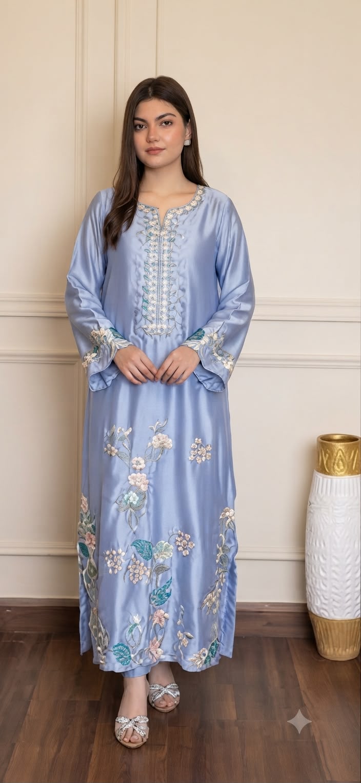 Luxury Russian Silk Embroidered 3PC Kaftan Set With Chiffon Dupatta & Silk Trouser