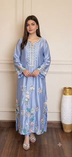Luxury Russian Silk Embroidered 3PC Kaftan Set With Chiffon Dupatta & Silk Trouser