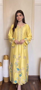 Luxury Russian Silk Embroidered 3PC Kaftan Set With Chiffon Dupatta & Silk Trouser