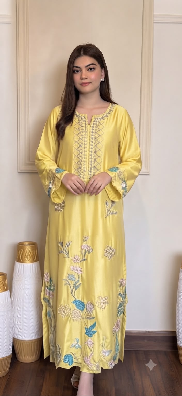 Luxury Russian Silk Embroidered 3PC Kaftan Set With Chiffon Dupatta & Silk Trouser