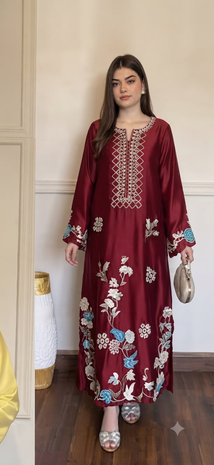 Luxury Russian Silk Embroidered 3PC Kaftan Set With Chiffon Dupatta & Silk Trouser