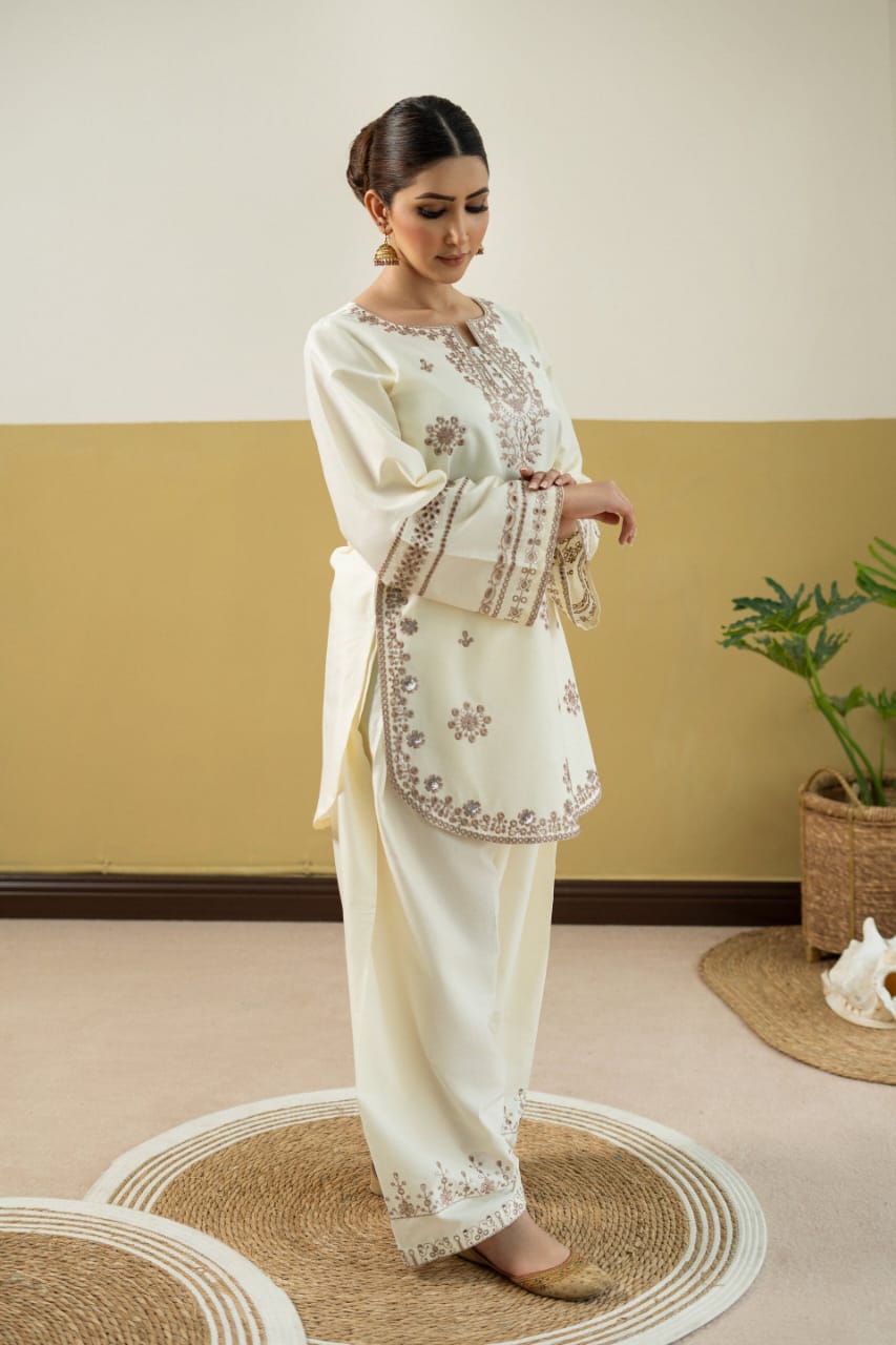 CREAM VILA EMBROIDERY PREMIUM COLLECTION – 2PC (SHORT SHIRT & PLAZO)