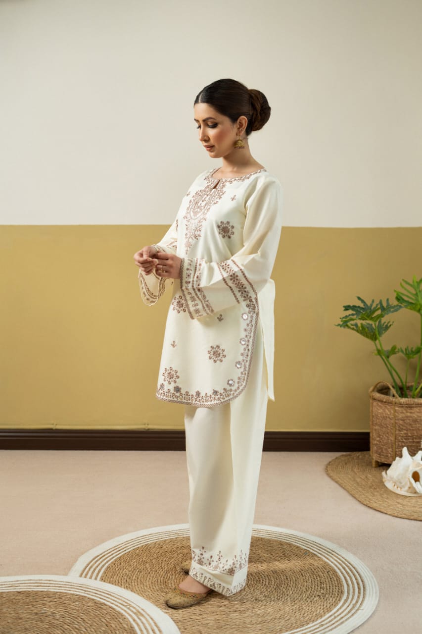 CREAM VILA EMBROIDERY PREMIUM COLLECTION – 2PC (SHORT SHIRT & PLAZO)