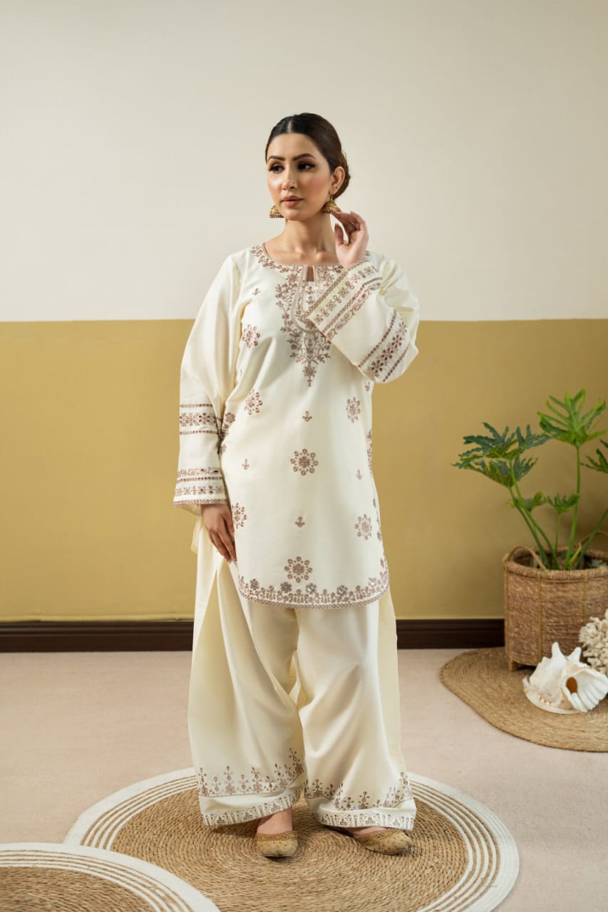 CREAM VILA EMBROIDERY PREMIUM COLLECTION – 2PC (SHORT SHIRT & PLAZO)