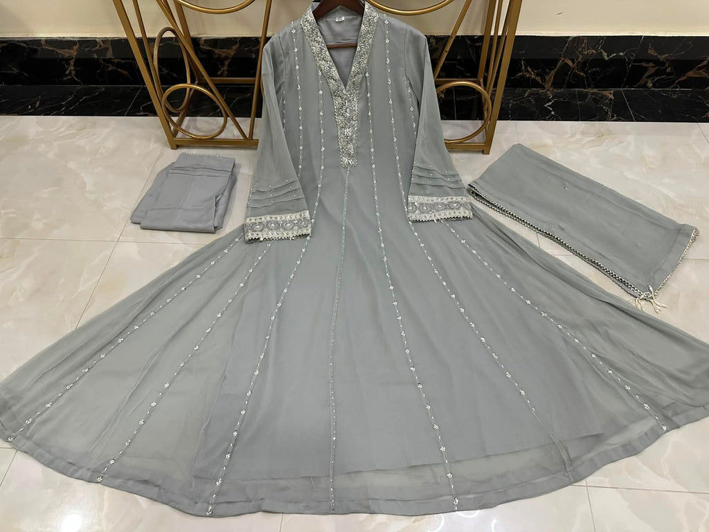 LUXURY EMBROIDERED & PEARL WORK CHIFFON FROCK 3PC