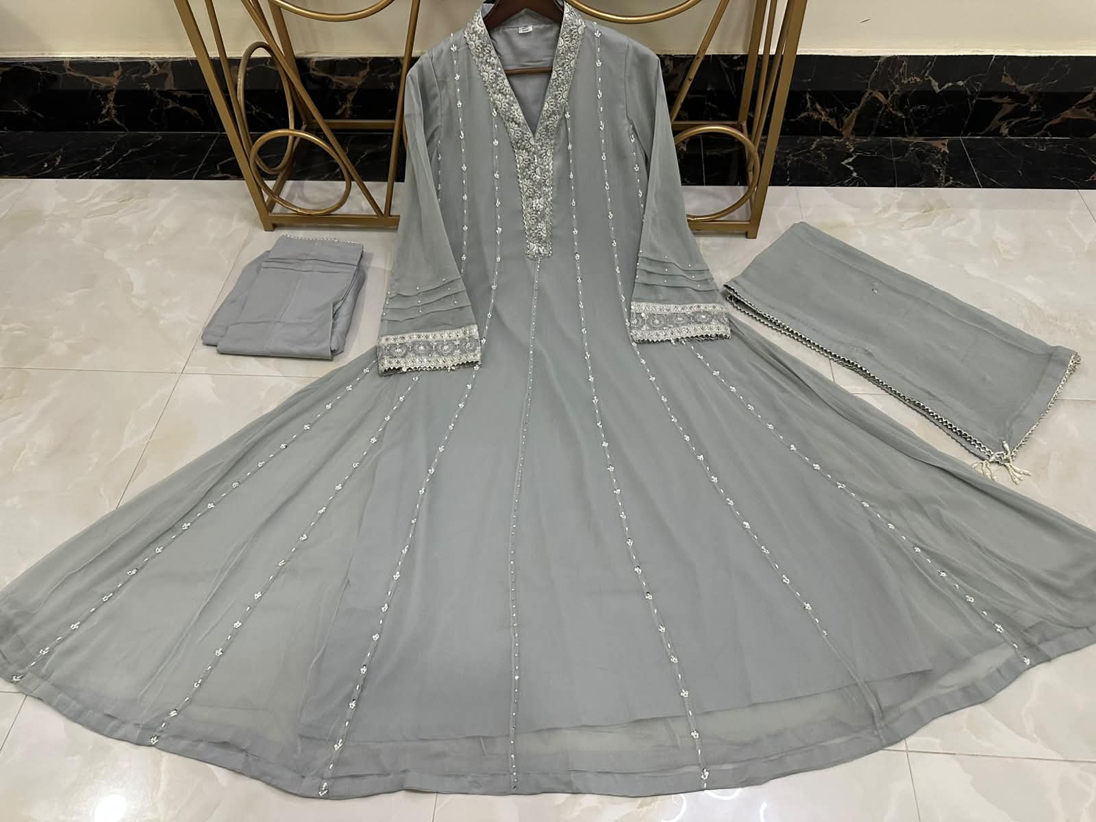 LUXURY EMBROIDERED & PEARL WORK CHIFFON FROCK 3PC