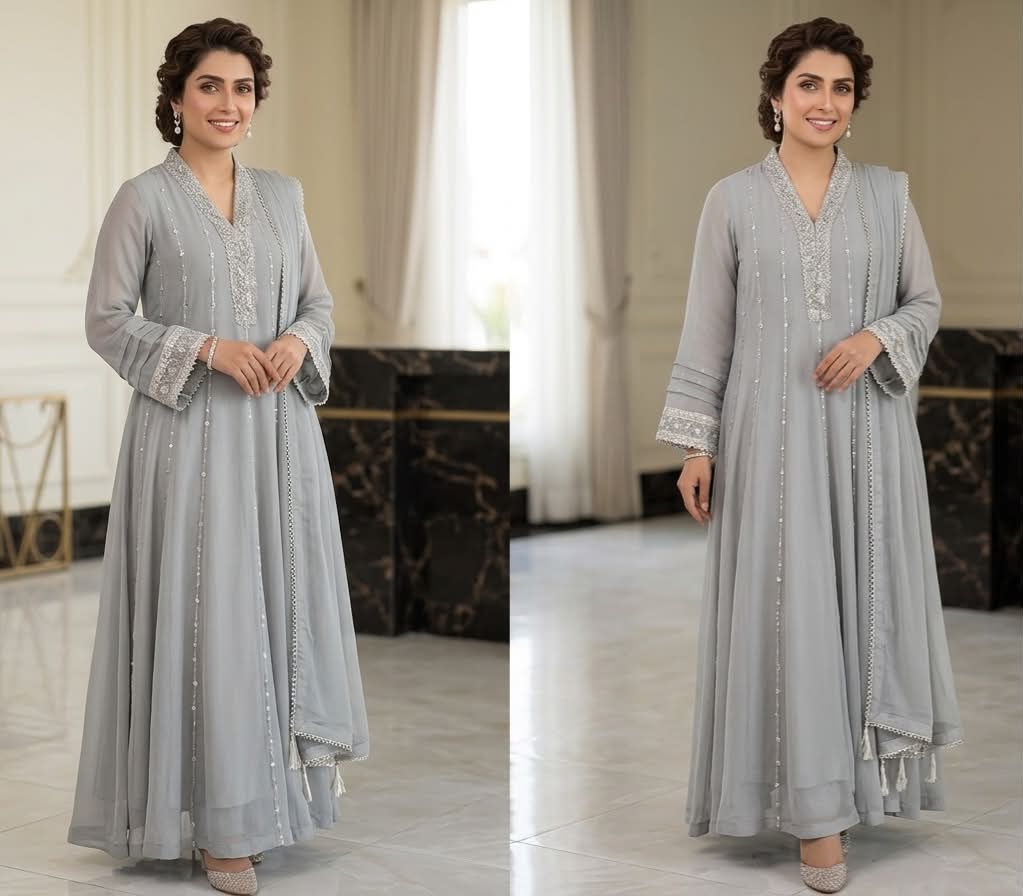 LUXURY EMBROIDERED & PEARL WORK CHIFFON FROCK 3PC