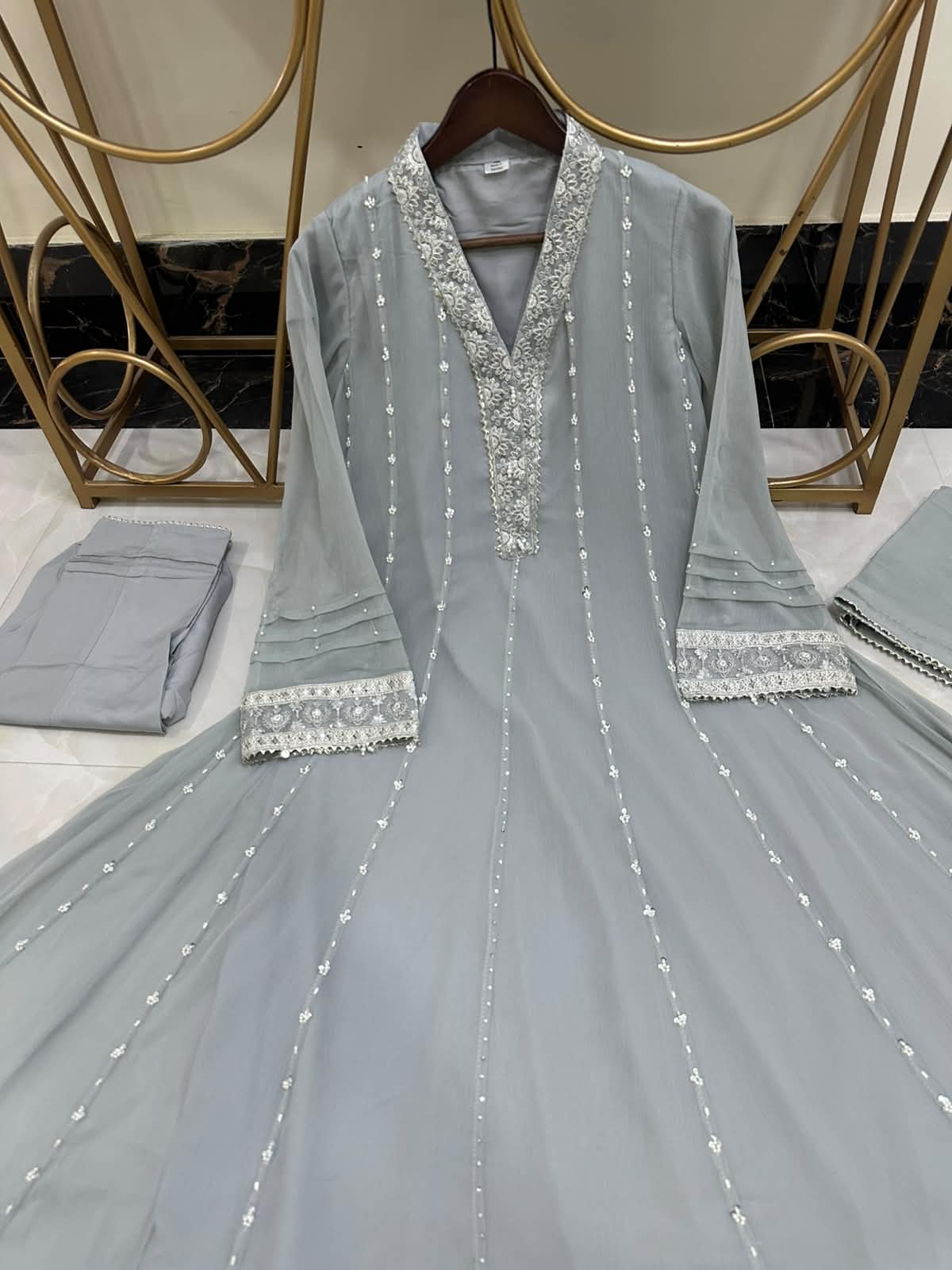 LUXURY EMBROIDERED & PEARL WORK CHIFFON FROCK 3PC