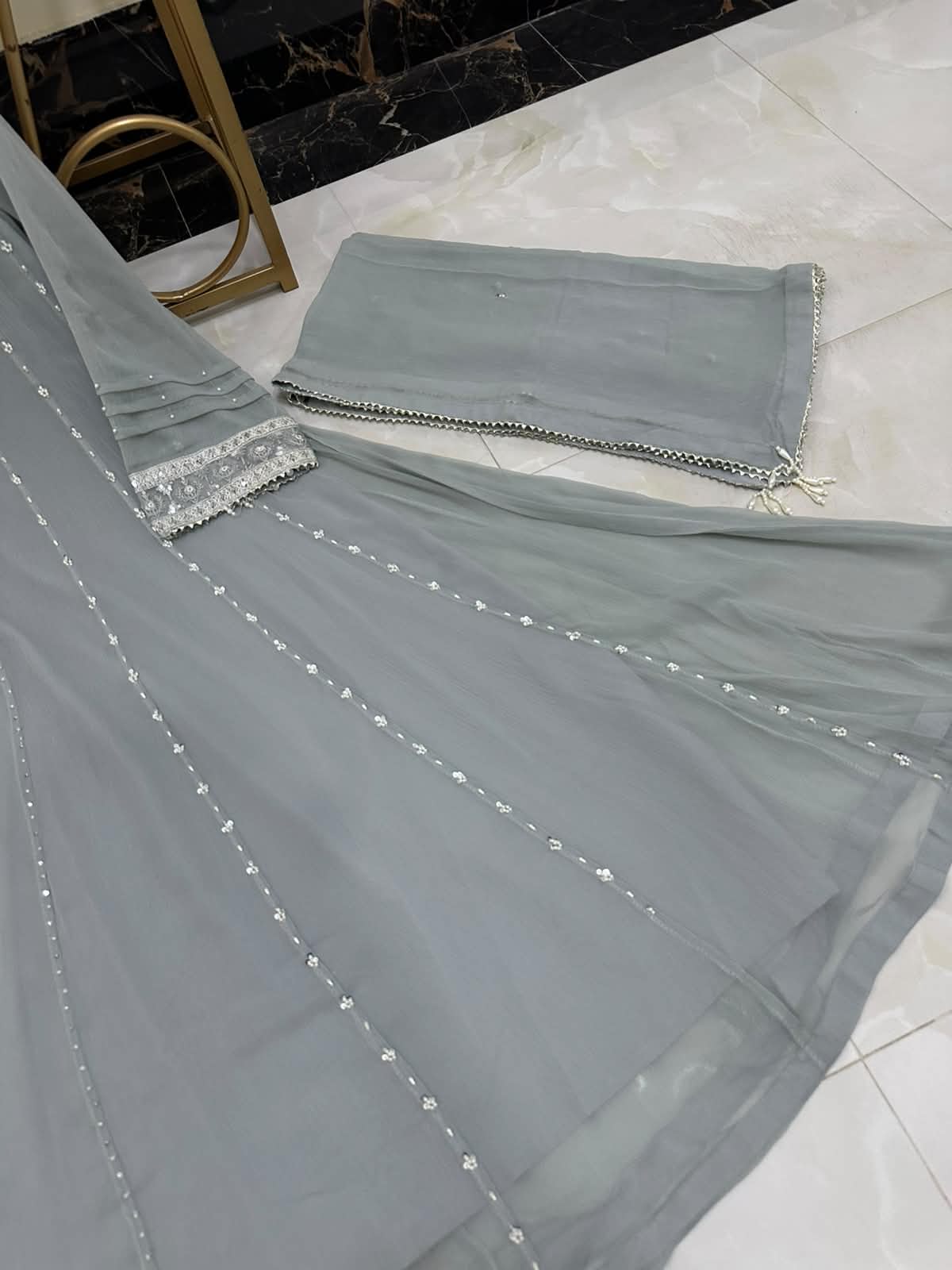 LUXURY EMBROIDERED & PEARL WORK CHIFFON FROCK 3PC