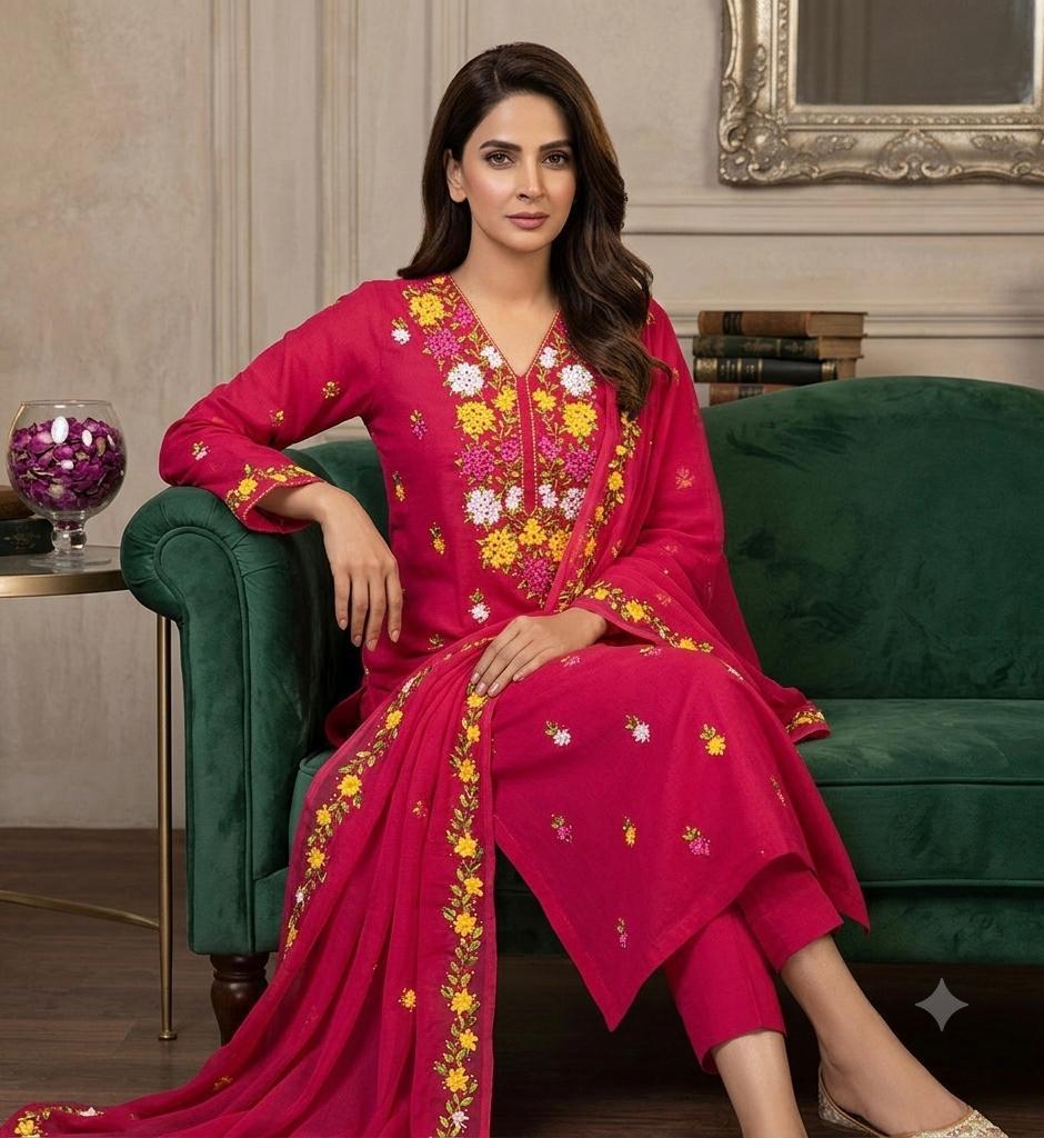 EMBROIDERED LAWN 3PC SUIT WITH RIBBON WORK