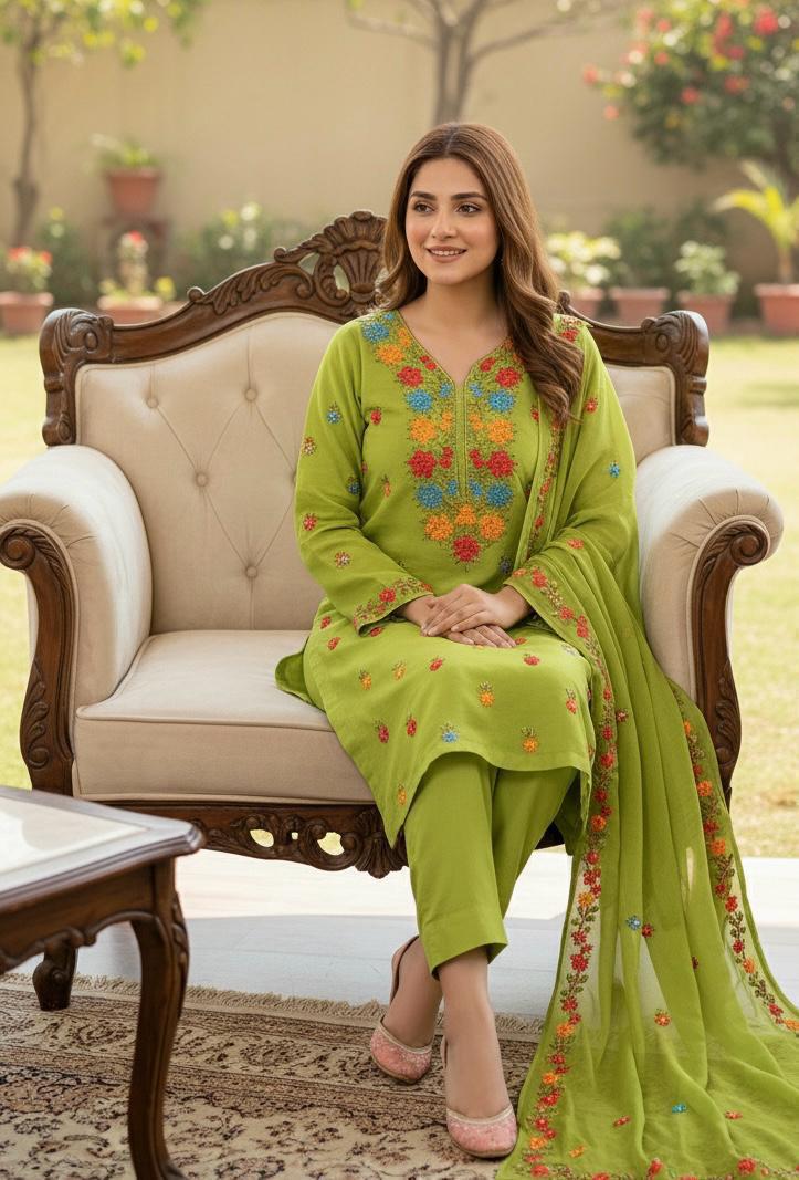 EMBROIDERED LAWN 3PC SUIT WITH RIBBON WORK