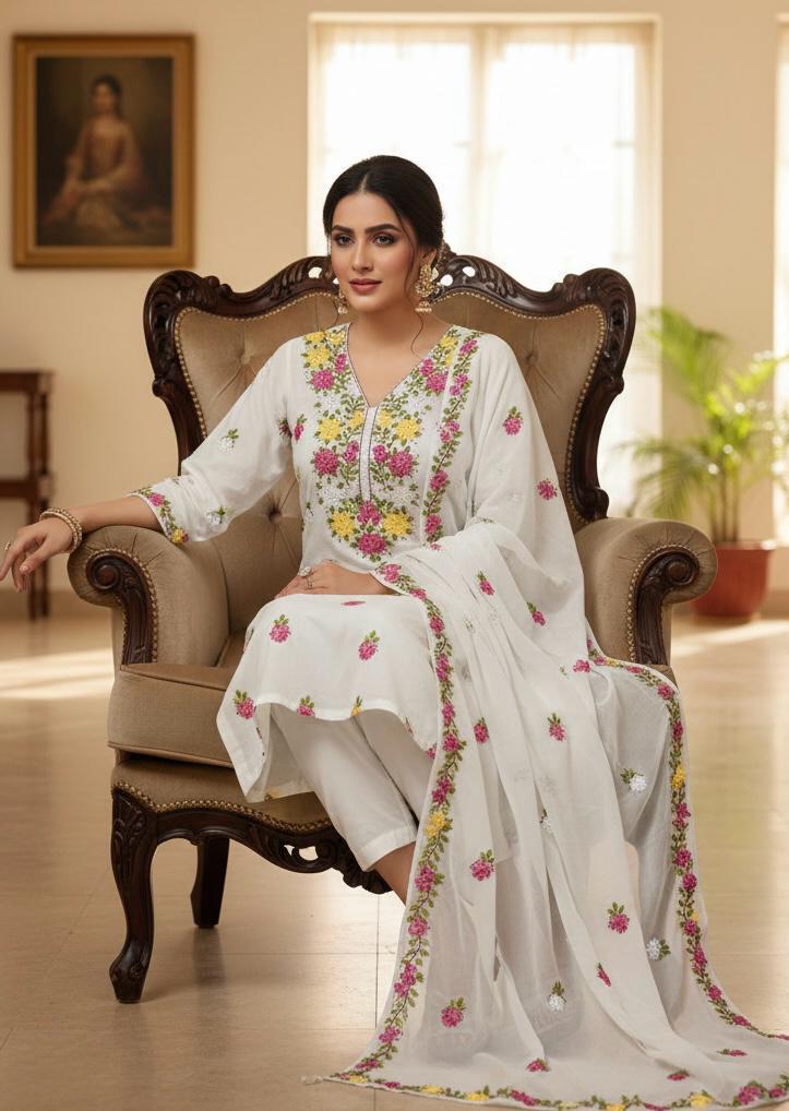EMBROIDERED LAWN 3PC SUIT WITH RIBBON WORK