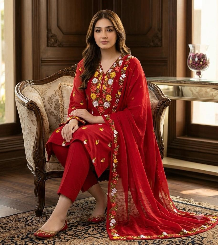 EMBROIDERED LAWN 3PC SUIT WITH RIBBON WORK