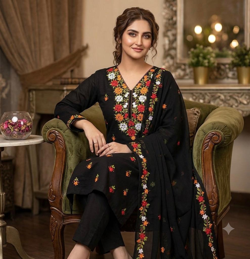 EMBROIDERED LAWN 3PC SUIT WITH RIBBON WORK