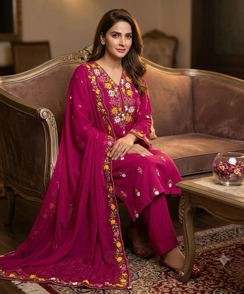 EMBROIDERED LAWN 3PC SUIT WITH RIBBON WORK