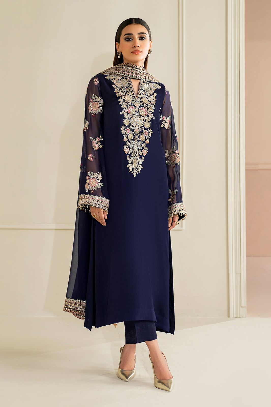 LUXURY EMBROIDERED CHIFFON 3PC (NAVY BLUE)