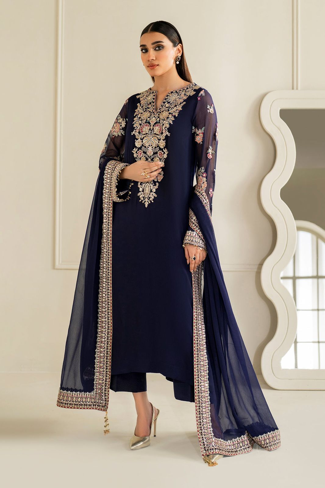 LUXURY EMBROIDERED CHIFFON 3PC (NAVY BLUE)