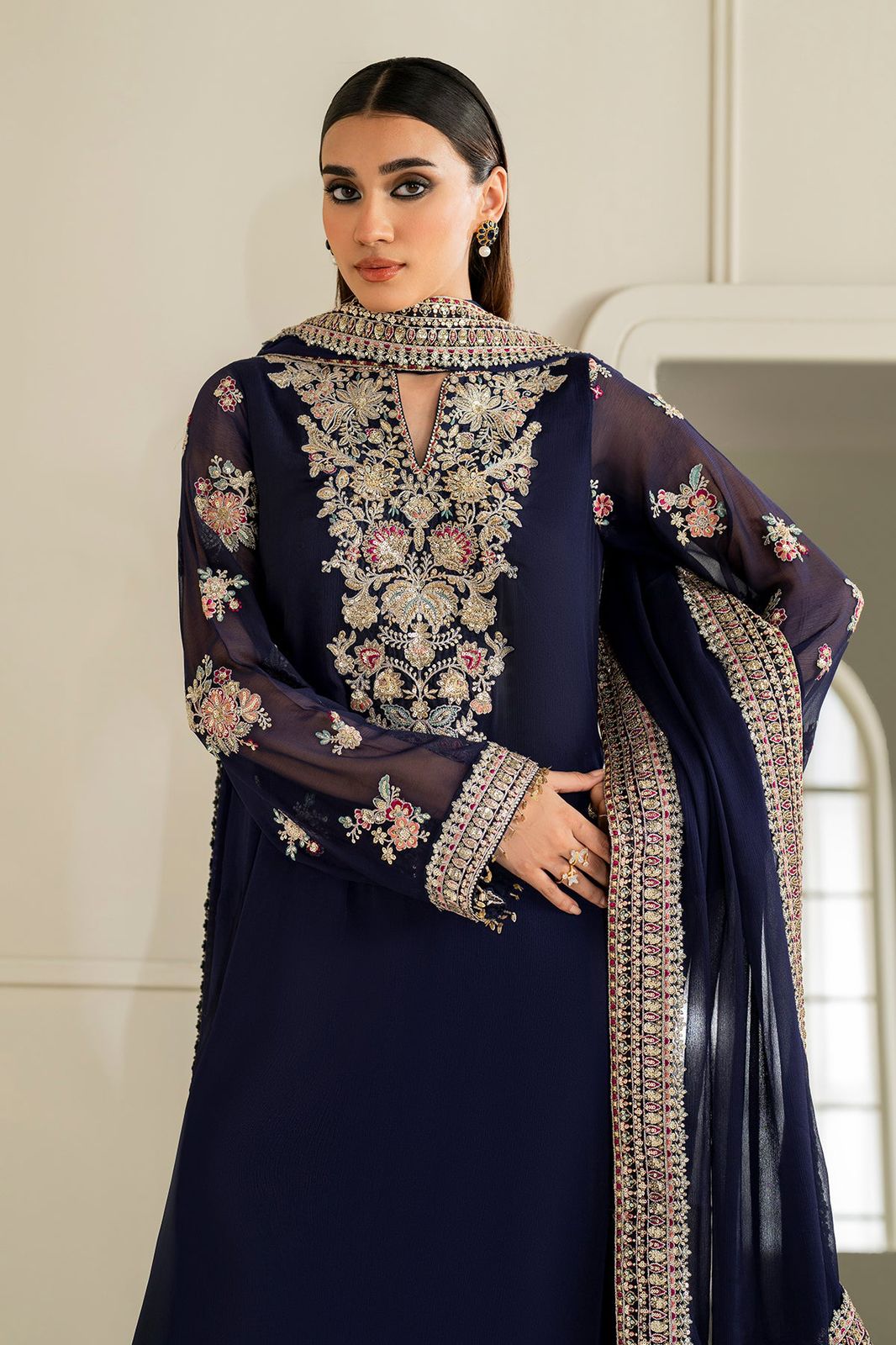 LUXURY EMBROIDERED CHIFFON 3PC (NAVY BLUE)