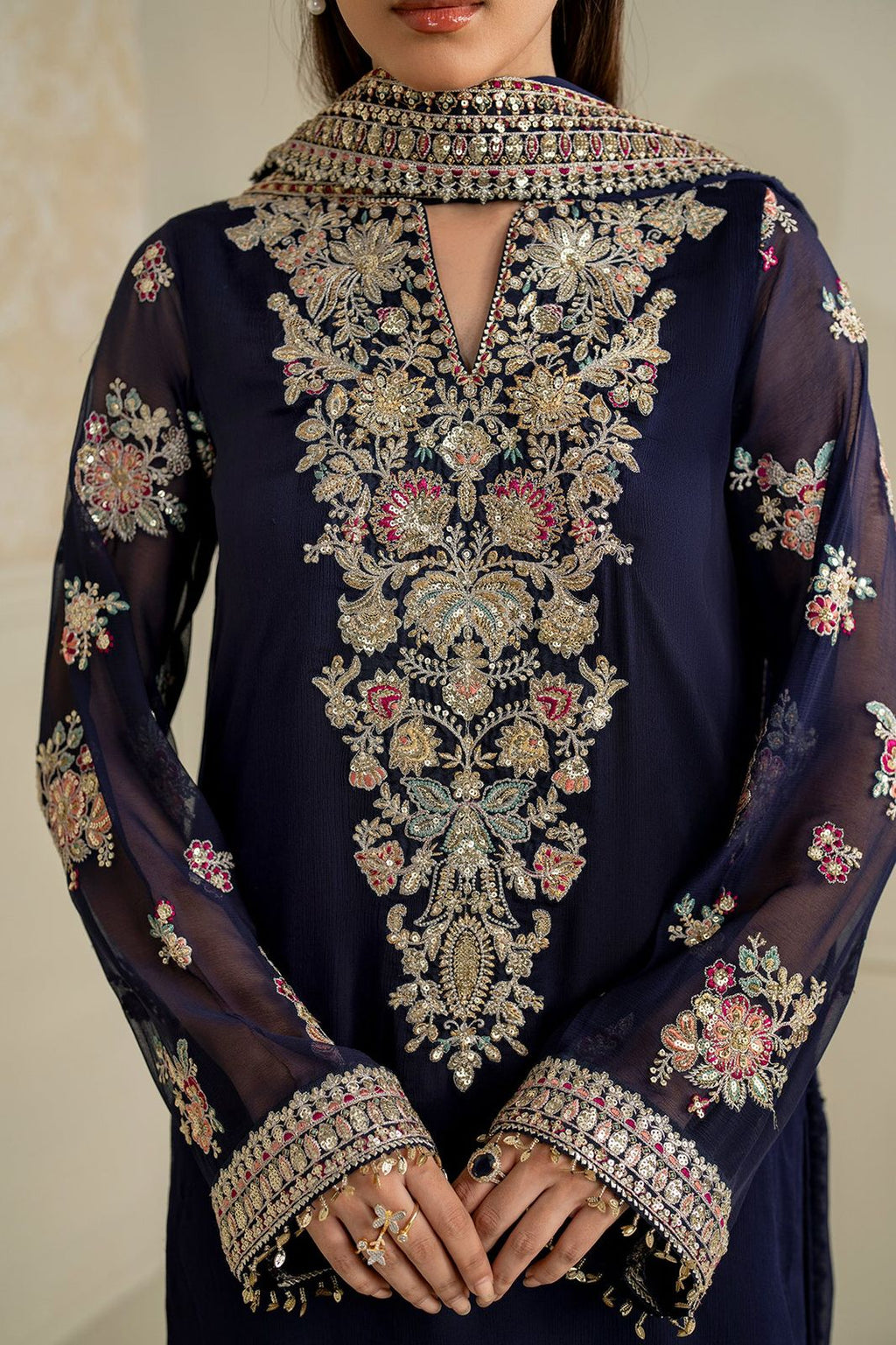 LUXURY EMBROIDERED CHIFFON 3PC (NAVY BLUE)
