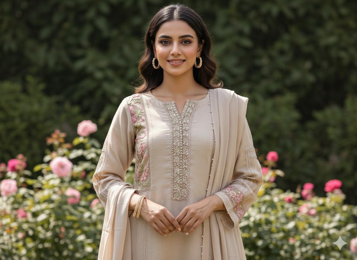 EMBROIDERED & HAND-EMBELLISHED COTTON NET 3PC SET