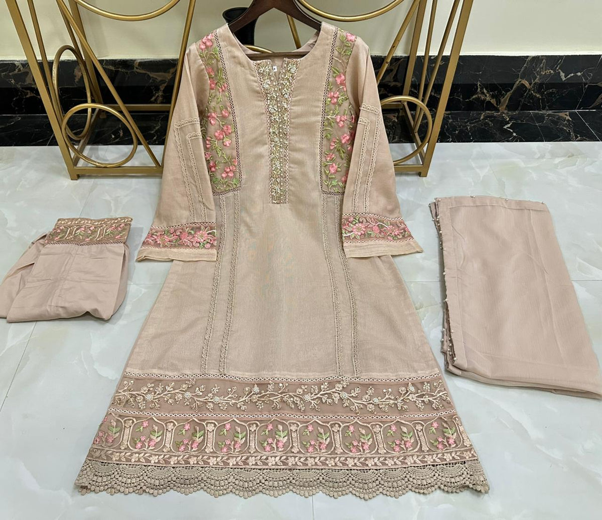 EMBROIDERED & HAND-EMBELLISHED COTTON NET 3PC SET