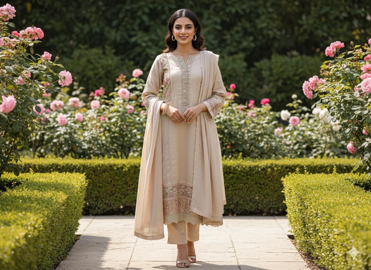 EMBROIDERED & HAND-EMBELLISHED COTTON NET 3PC SET
