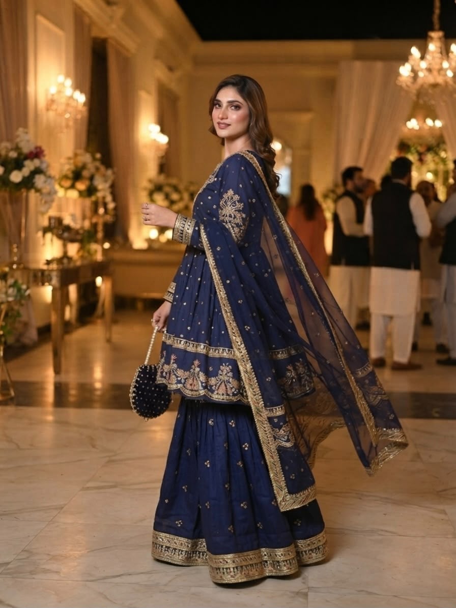 RAW SILK EMBROIDERED SEQUINS PEPLUM & SHARARA SET