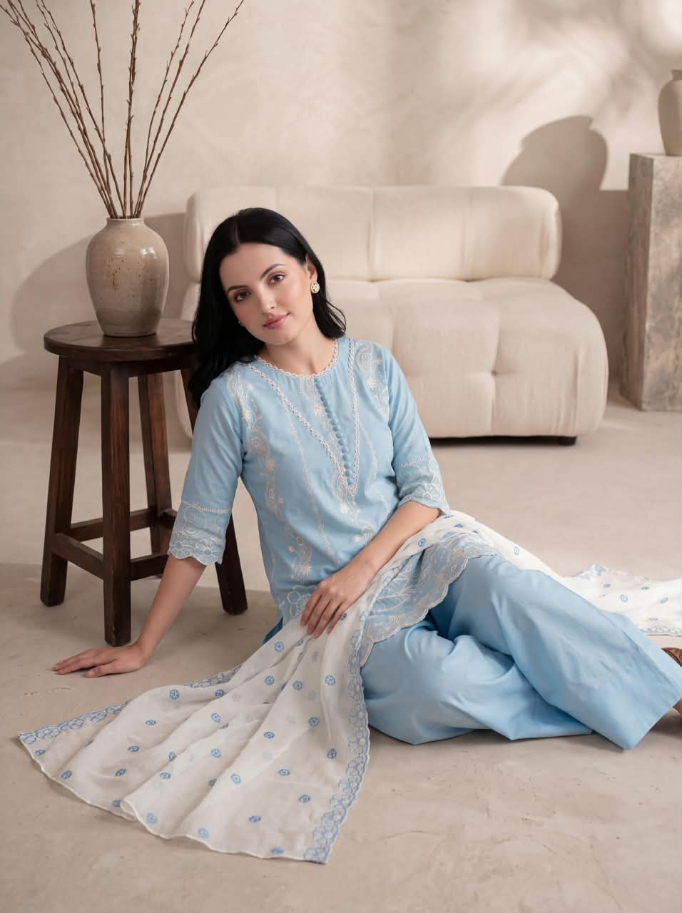 SORAYA SKY EMBROIDERED 3PC FARSHI SUIT