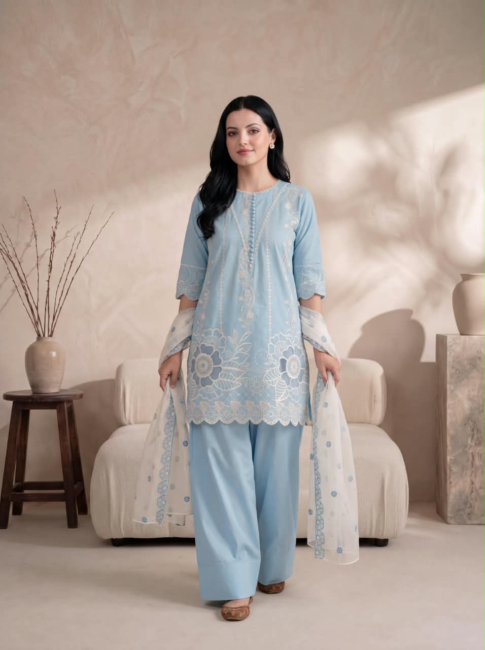 SORAYA SKY EMBROIDERED 3PC FARSHI SUIT