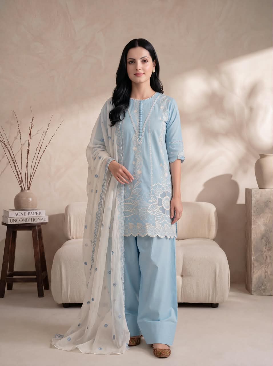 SORAYA SKY EMBROIDERED 3PC FARSHI SUIT