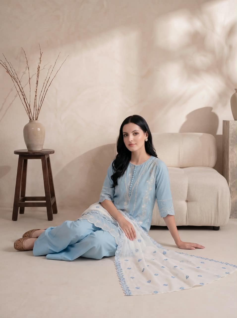 SORAYA SKY EMBROIDERED 3PC FARSHI SUIT