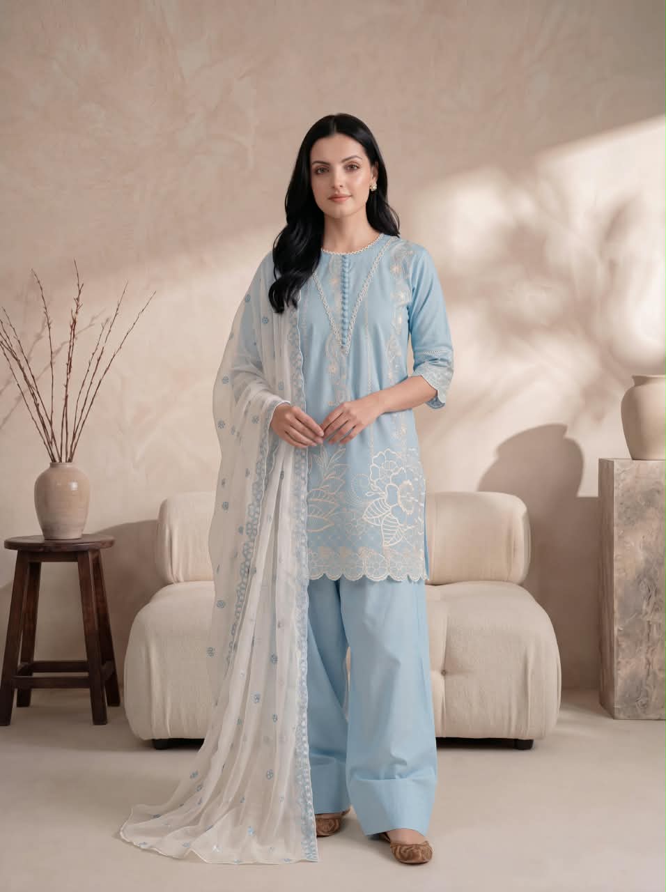 SORAYA SKY EMBROIDERED 3PC FARSHI SUIT