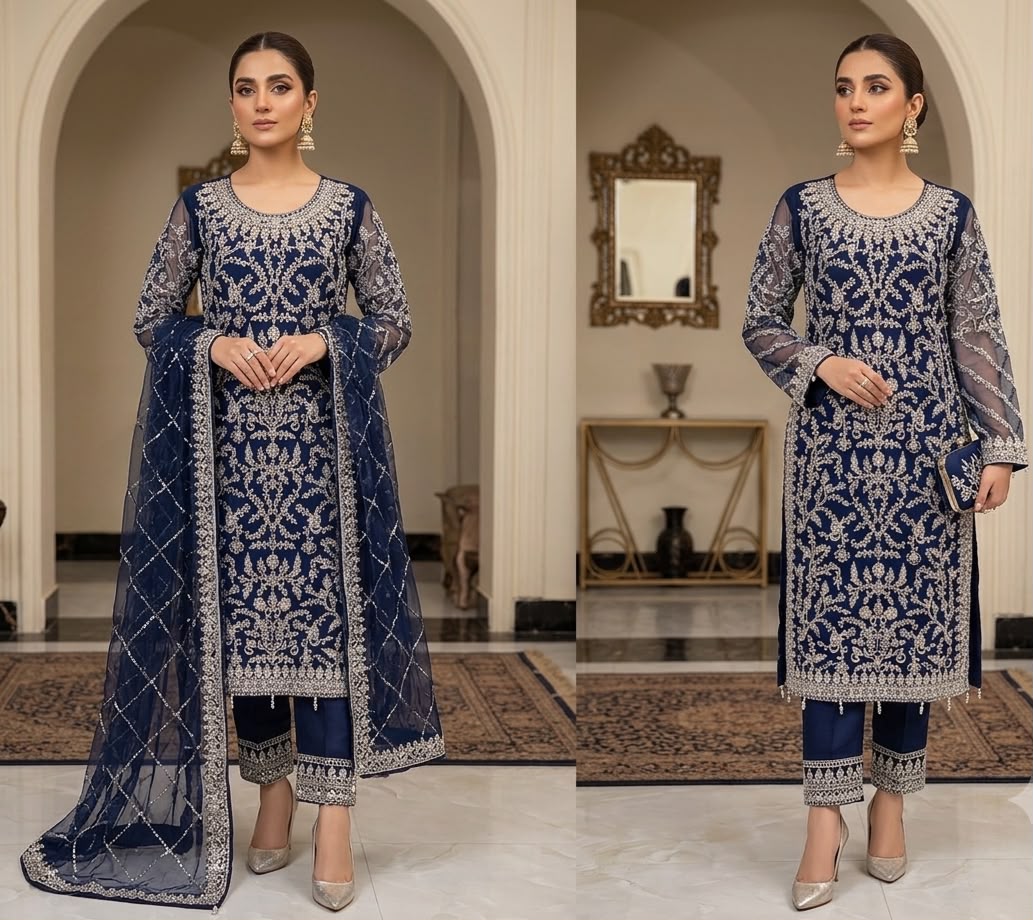 PURE NET EMBROIDERED & PEARL WORK 3PC SUIT