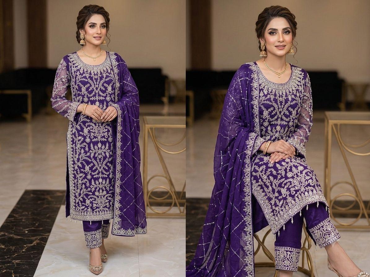 PURE NET EMBROIDERED & PEARL WORK 3PC SUIT