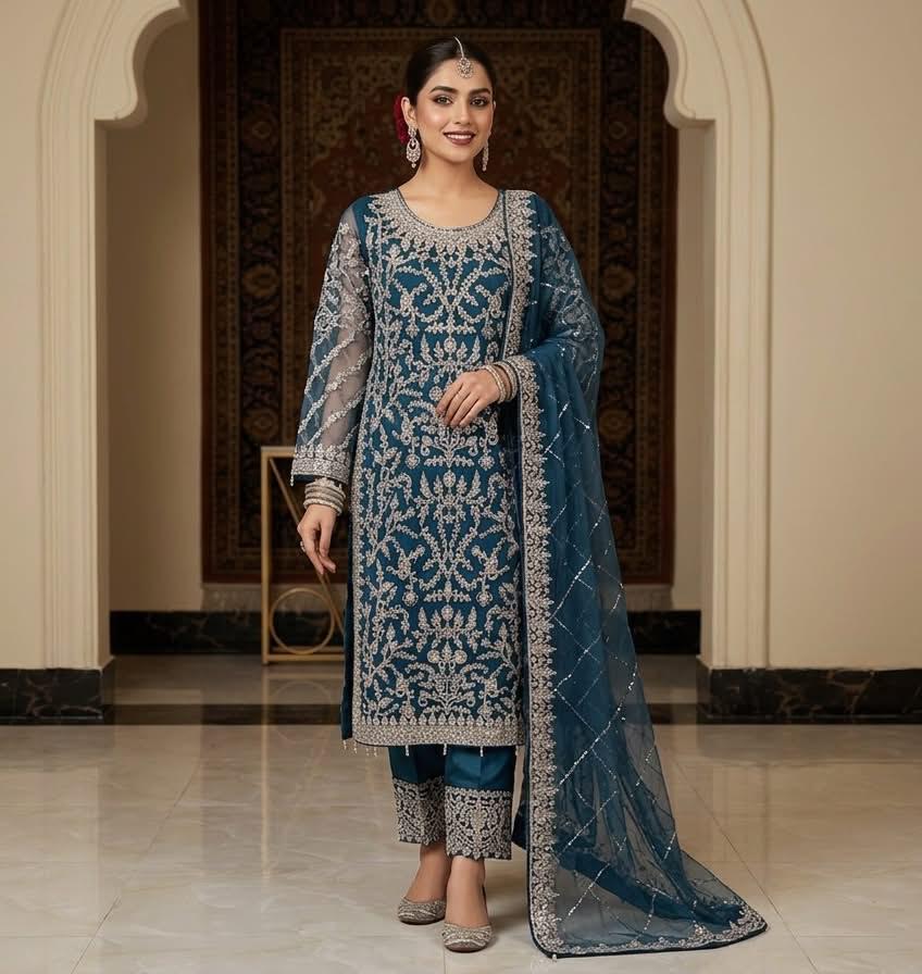 PURE NET EMBROIDERED & PEARL WORK 3PC SUIT